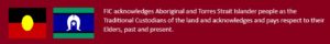 The Aboriginal and Torres Strait Islander flags next to an Acknowledgement of Country on a dark red background