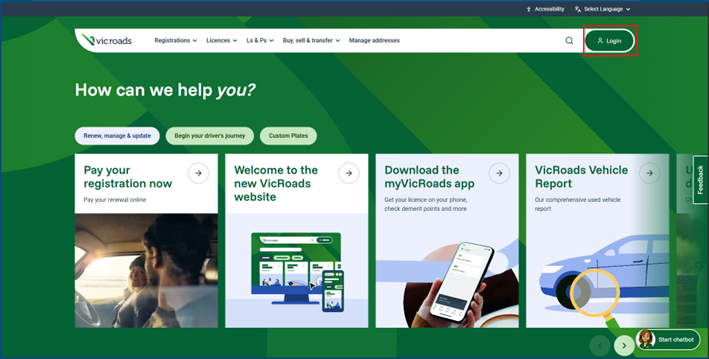 The home page of the VicRoads website with the Login button on the top right highlighted