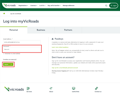 The log in screen of the VicRoads website with the Password field highlighted