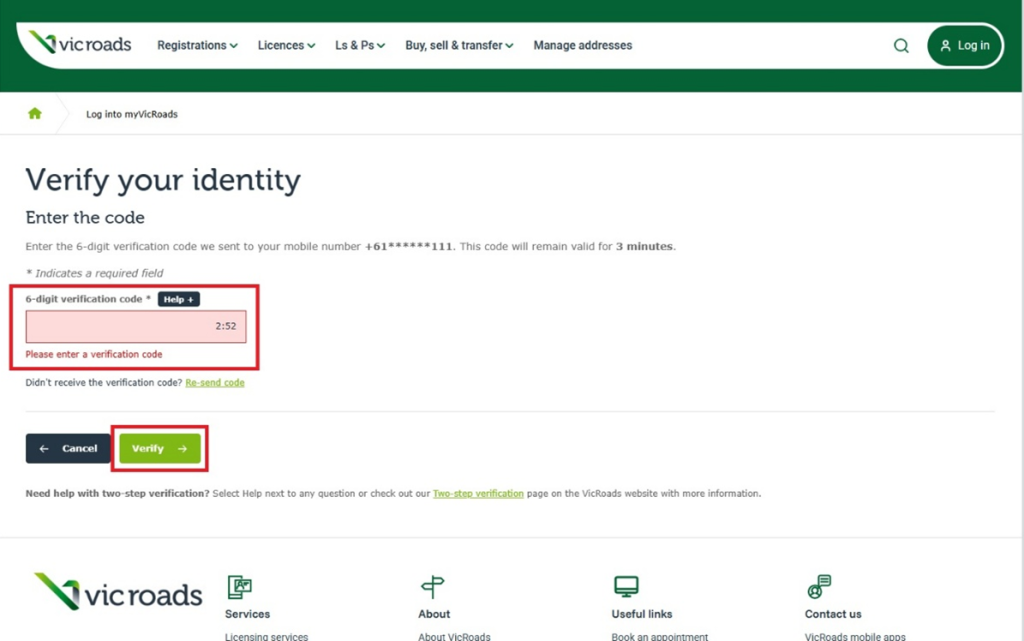 The Verify your identify screen of the VicRoads website with the verification code filed highlighted