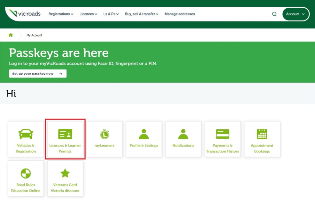 The home page of the myVicRoads portal. The Licences and Learner Permits menu option is highlighted