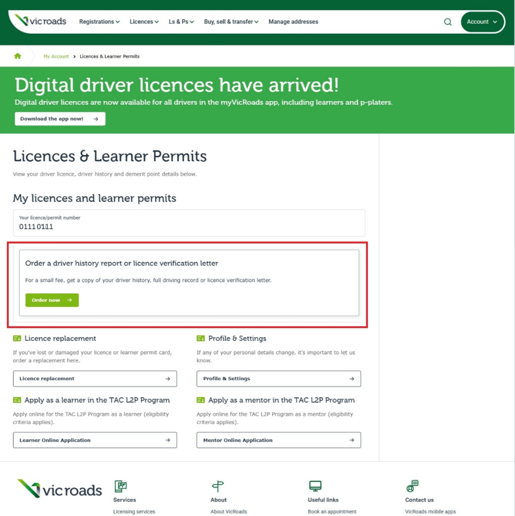 The Licences and Learner Permits page of the myVicRoads portal. The Order a driver history report or licence verification letter option is highlighted
