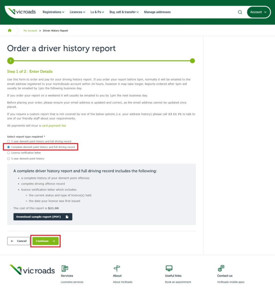 The ‘Order a driver history report’ page of the myVicRoads portal. The ‘Complete demerit point history and full driving record’ option is highlighted