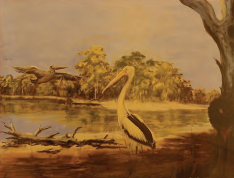 Painting of a landscape with a lake and two pelicans by William
