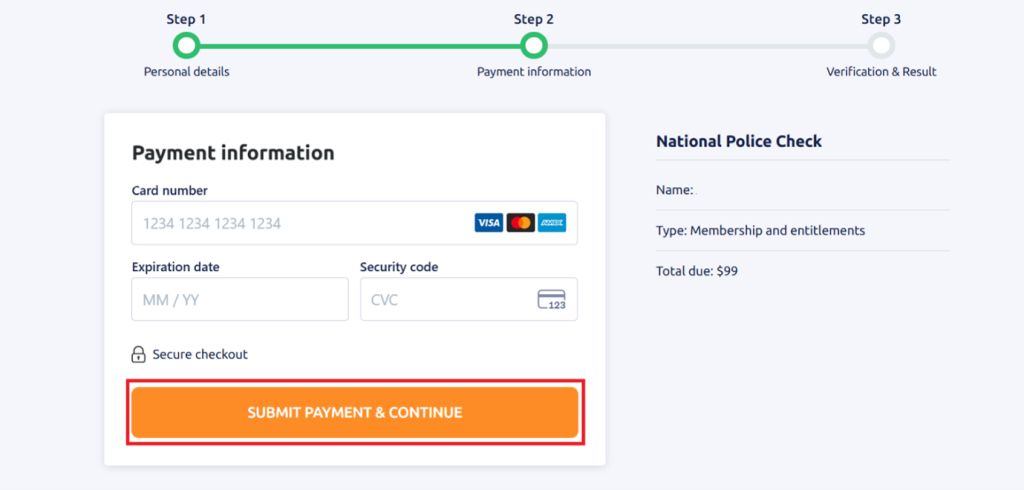 Payment information screen with form fields for credit card details. A large orange Submit payment and continue button is circled in red