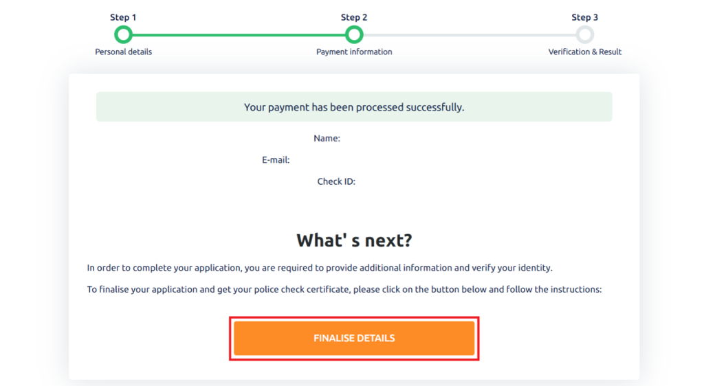 Payment information screen with a green banner saying Your payment has been processed successfully. A large orange Finalise details button is circled in red