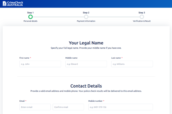 Personal details screen with form fields for Your legal name – First, Middle and Last name, and Contact details – email and mobile number