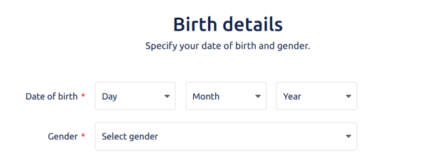 Birth details screen with form fields for the day, month and year of birth and gender