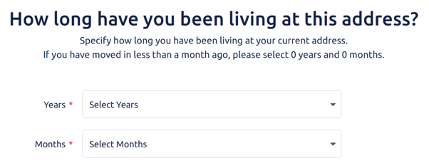 How long have you been living at this address screen with form fields for Years and Months