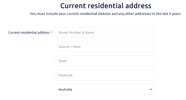 Current residential address screen with form fields for Street number and name, Suburb/town, State, Postcode and Country