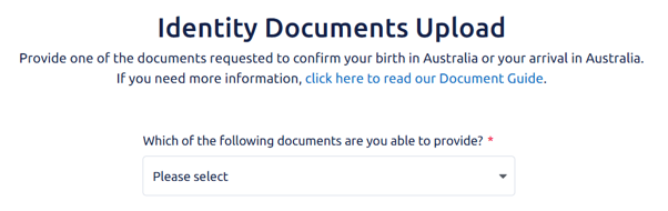 Identity Documents Upload screen with a dropdown list to select a document you can provide