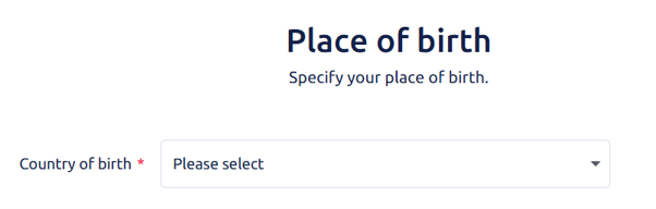 Place of birth screen with a dropdown list for Country of birth