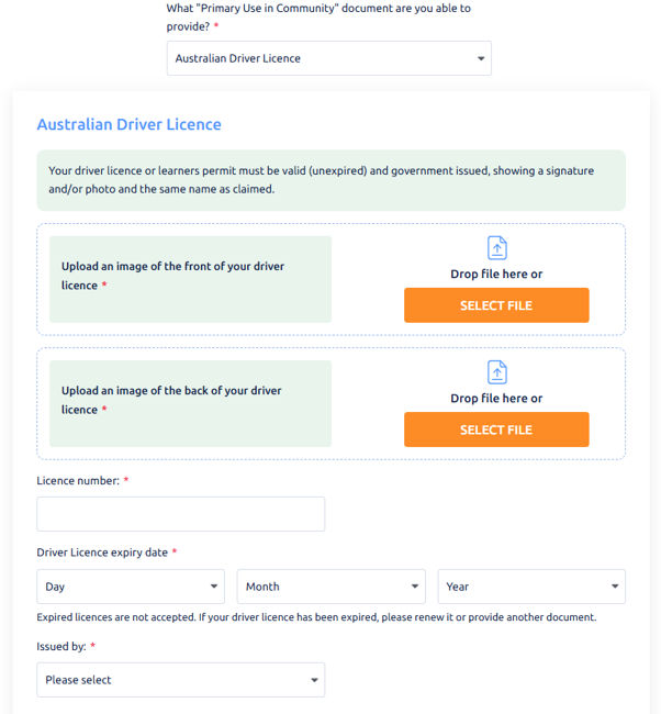 Screen showing Australian driver licence has been selected as the Primary use in the community document. There are form fields to Upload an image of the front and back of the driver licence, Licence number, the Day, Month and Year of the licence expiry date and what entity issued the licence