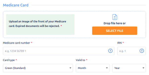 Screen showing Medicare card has been selected as the Secondary use in the community document. There are form fields to Upload an image of the front of the card, Medicare card number, Individual reference number, Card type, and the Month and Year the card is Valid to