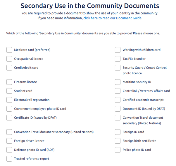 Secondary Use in the Community Documents screen, with a tick box list of document types