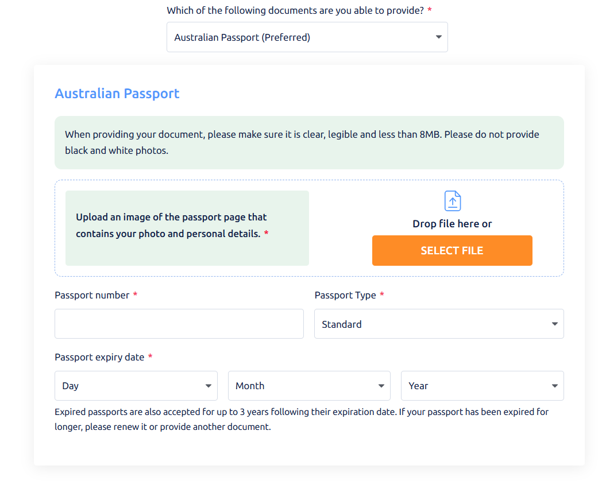Screen showing Australian passport has been selected as the identity document. There are form fields to Upload an image of the passport page that contains you photo and personal details, Passport number, Passport type, and the Day, Month and Year of the passport expiry date