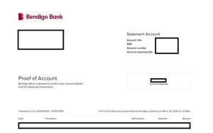 Screenshot of a proof of account letter from Bendigo Bank. The Bendigo Bank logo is in the top left corner. The letter shows the account title, BSB, account number and account opening date. The details of the bank account have been covered for privacy.