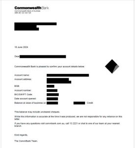 Proof of account letter from the Commonwealth Bank. This shows the account name, address, BSB, account number and several other details. The personal details of this bank account have been covered for privacy.