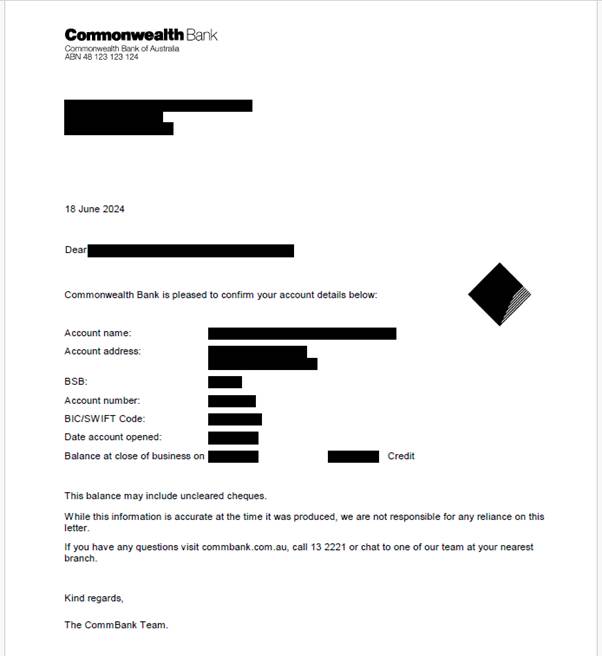Proof of account letter from the Commonwealth Bank. This shows the account name, address, BSB, account number and several other details. The personal details of this bank account have been covered for privacy. 