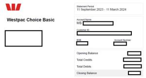 Screenshot of Westpac proof of balance letter. The Westpac logo is in the top left corner. The account name, BSB and account number are all shown. The details of the bank account have been covered for privacy.