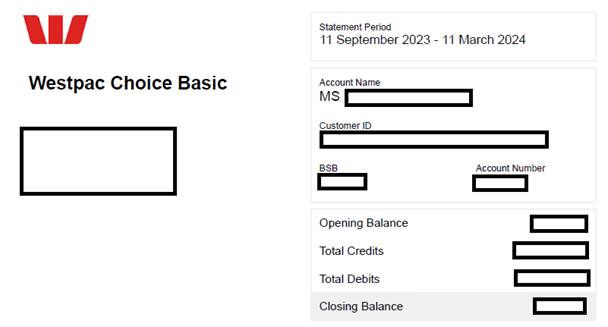 Screenshot of Westpac proof of balance letter. The Westpac logo is in the top left corner. The account name, BSB and account number are all shown. The details of the bank account have been covered for privacy.
