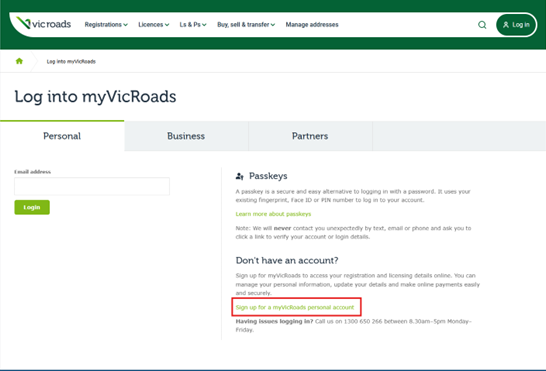 The log in screen of the VicRoads website. The Sign up for a myVicRoads account option is highlighted