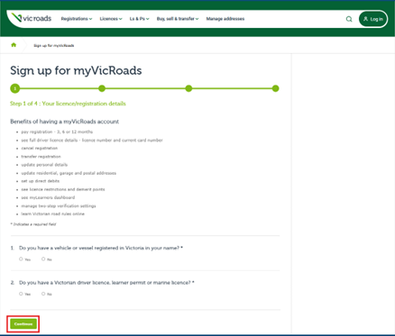The ‘Sign up for myVicRoads’ screen of the VicRoads website. The Continue button is highlighted