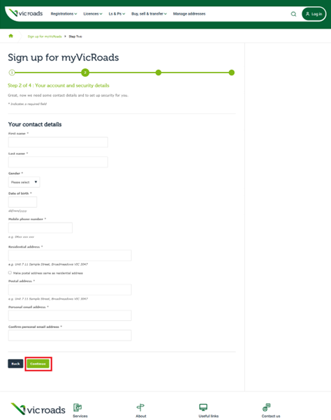 The Step 2 screen of the Sign up for myVicRoads process. The Continue button is highlighted