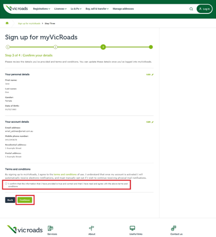 The Step 3 screen of the Sign up for myVicRoads process. The Continue button is highlighted